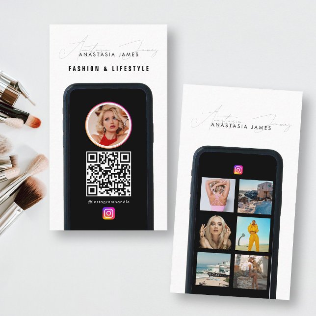 Modern 6 Photo Feed Grid Social Media QR Code  Business Card (Modern 6 Photo Feed Grid Social Media QR Code Business Card)