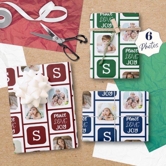 Modern 6 Photo Monogram PEACE LOVE JOY Tri-Colour Wrapping Paper Sheet (Creator Uploaded)