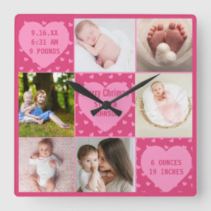 Modern 6 photo pink Baby Girl Birth Announcement Square Wall Clock