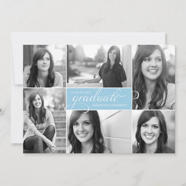 Modern 6 Photo Script Graduation Invite Light Blue (Front)