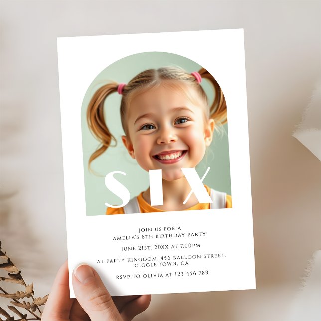 Modern 6th Birthday Elegant Arch Photo Invitation (Creator Uploaded)