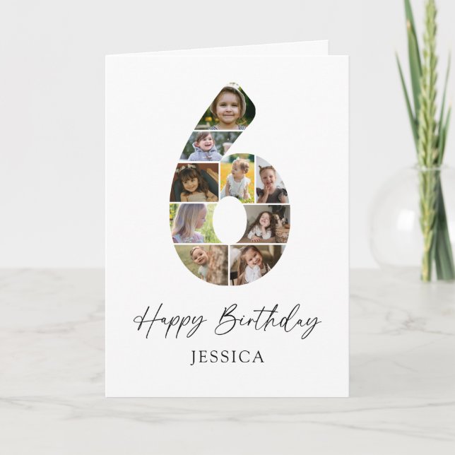 Modern 6th Birthday Photo Collage Card (Front)
