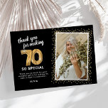 Modern 70th Adult Birthday Photo Thank You Card<br><div class="desc">Elegant seventieth birthday party thank you cards featuring a stylish black background that can be changed to any colour,  a photo of the birthday girl / boy,  gold sparkly glitter,  seventy gold hellium balloons,  and a modern thank you template that is easy to personalise.</div>