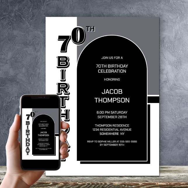 Modern 70th Birthday Black Arch Party Invitation (Creator Uploaded)