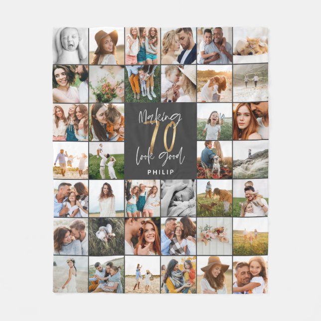 Modern 70th birthday multi photo script gift fleece blanket (Front)