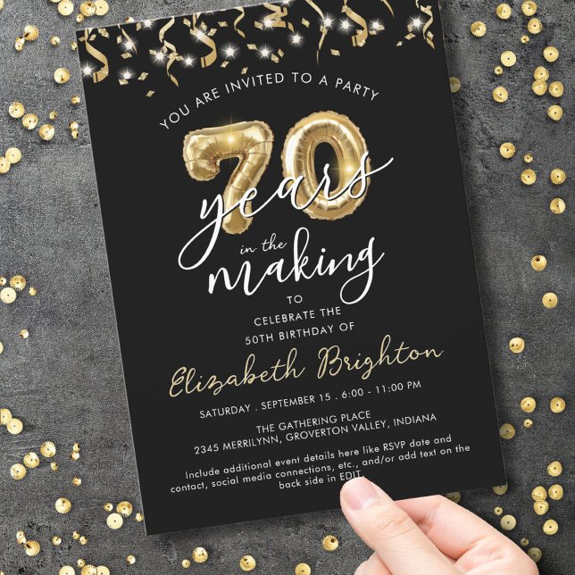 Modern 70th Birthday Script Balloon Streamers Invitation (Creator Uploaded)