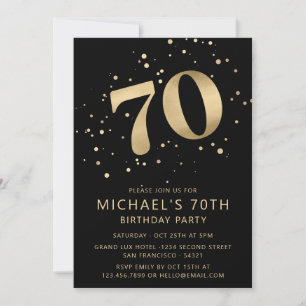 Modern 70th Seventy Birthday Black and Gold Invitation