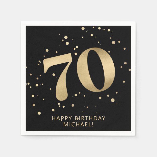 Modern 70th Seventy Birthday | Gold Black Glitter  Napkin (Front)