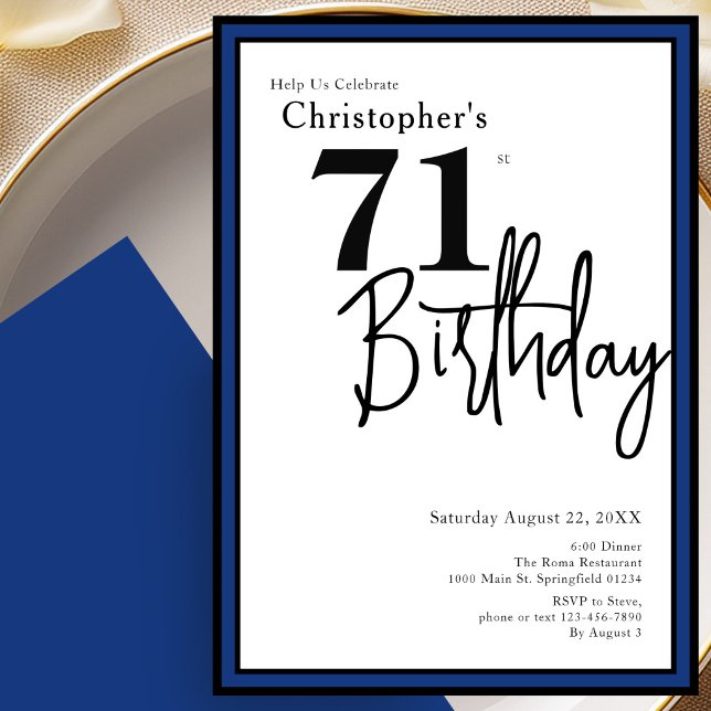 Modern 71st Birthday Invitation Elegant Black Blue (Creator Uploaded)