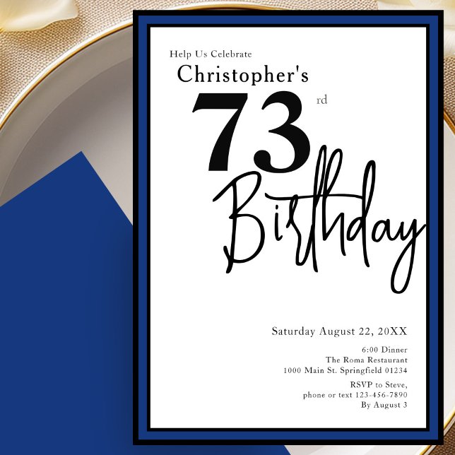 Modern 73rd Birthday Invitation Elegant Black Blue (Creator Uploaded)