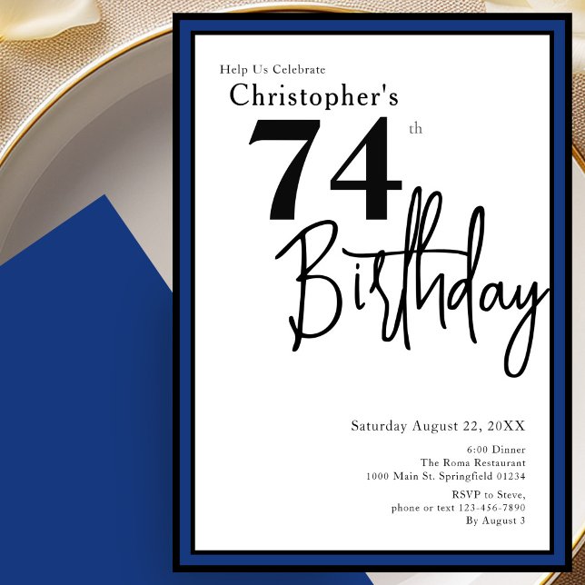 Modern 74th Birthday Invitation Elegant Black Blue (Creator Uploaded)