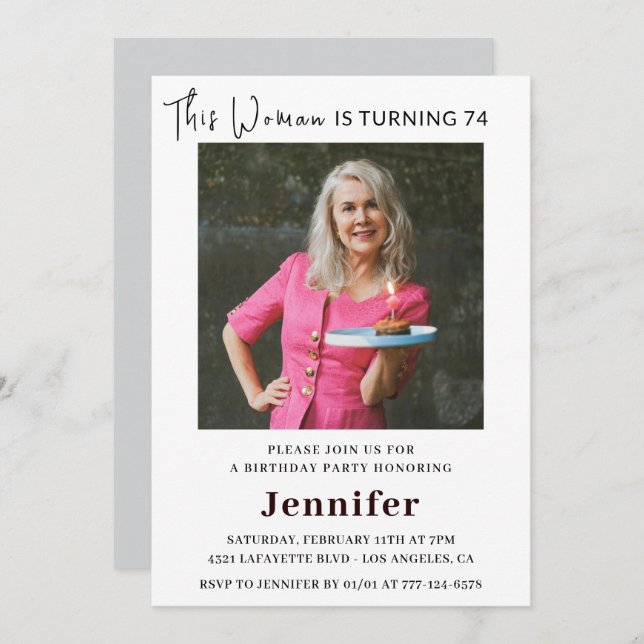 Modern 74th birthday invitations for her Photo (Front/Back)