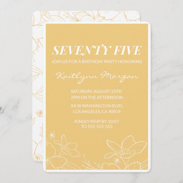 Modern 75th birthday invitations Floral Yellow (Front/Back)