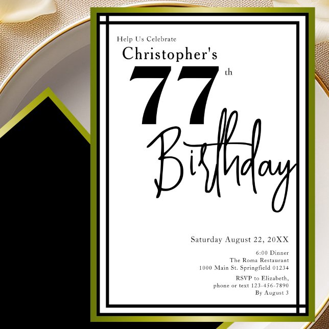 Modern 77th Birthday Invitation Elegant Black Gold (Creator Uploaded)