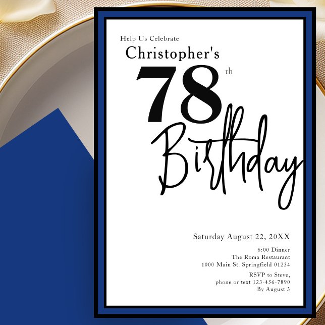 Modern 78th Birthday Invitation Elegant Black Blue (Creator Uploaded)