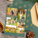 Modern 7 photo collage gold snowflake Christmas Holiday Card<br><div class="desc">Simple stylish trendy 7 custom photos,  chic typography,  and gold copper snowflakes Merry & Bright green vertical holiday card template. Easy to personalise with your pictures and family name / text.</div>