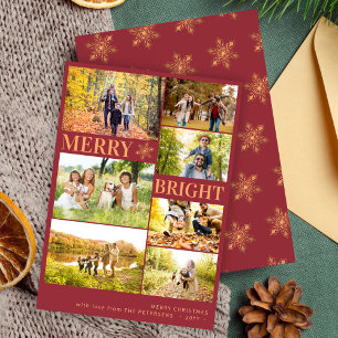 Modern 7 photo collage gold snowflake Christmas Holiday Card