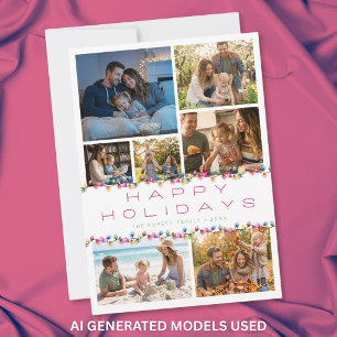 Modern 7 Photo Collage Happy Holidays Lights Holiday Card