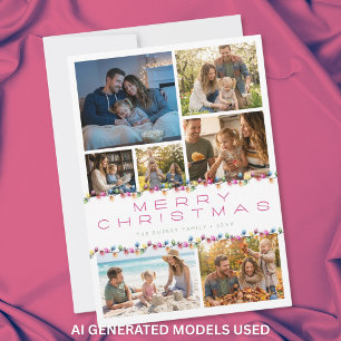 Modern 7 Photo Collage Merry Christmas Lights Holiday Card