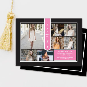 Modern 7-Photo College Girly Pink Black Graduation Announcement