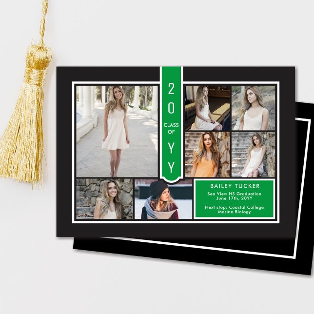 Modern 7-Photo College Green & Black Graduation Announcement (Creator Uploaded)