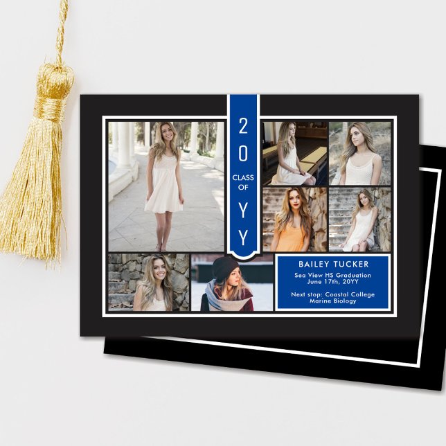Modern 7-Photo College Navy Blue Black Graduation Announcement (Creator Uploaded)