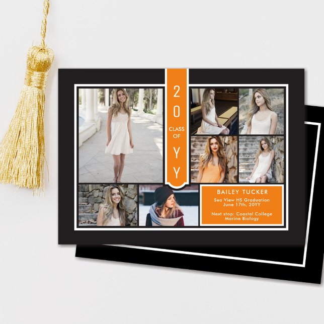 Modern 7-Photo College Orange and Black Graduation Announcement (Creator Uploaded)