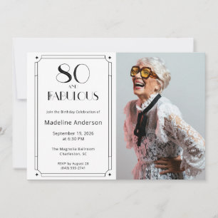 Modern 80 & Fabulous Black White Photo Birthday Invitation