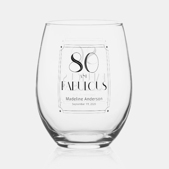 Modern 80 & Fabulous Bold 80th Birthday Stemless Wine Glass (Front)