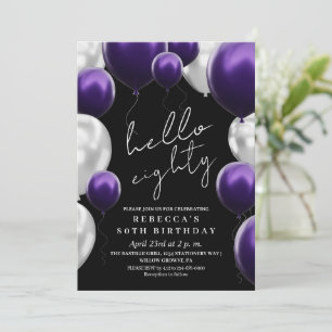 Modern 80th Birthday Black Silver Purple Balloons Invitation
