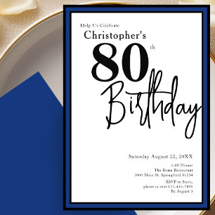 Modern 80th Birthday Invitation Elegant Black Blue