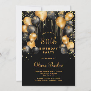 Modern 80th Birthday Party Black Gold  Invitation