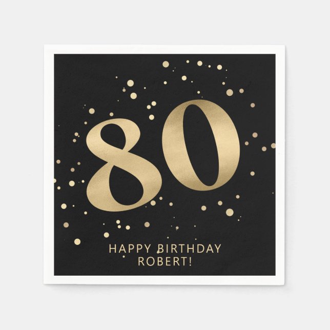 Modern 80th Eighty Birthday | Black Gold Glitter  Napkin (Front)
