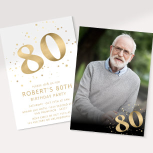 Modern 80th Eighty Birthday Photo Gold Glitter Invitation
