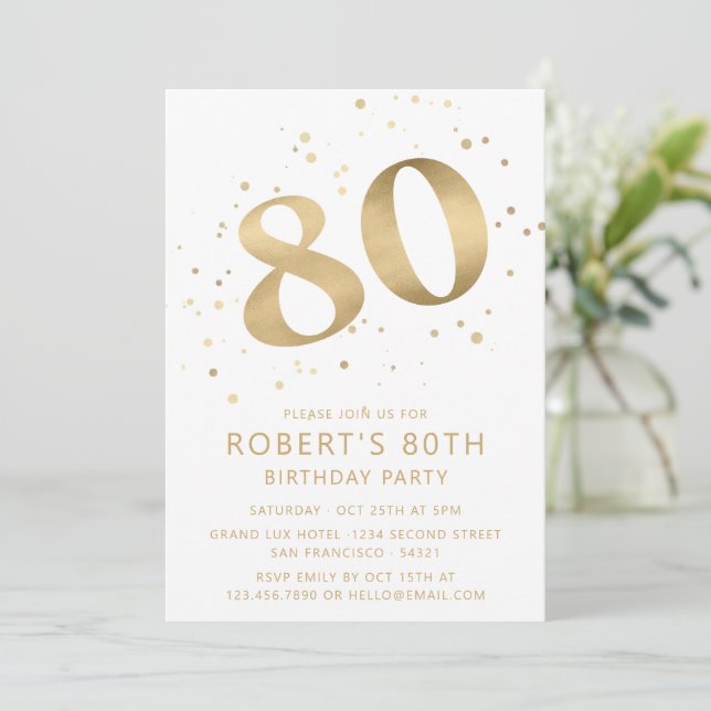 Modern 80th Eighty Birthday Photo Gold Glitter Invitation (Standing Front)