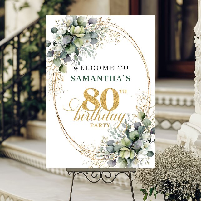 Modern 80th Greenery Gold Birthday Welcome Sign (Modern 80th Greenery Gold Birthday Welcome Sign)