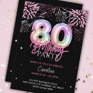 Modern 80th Pink Foil Balloon Fireworks Birthday Invitation