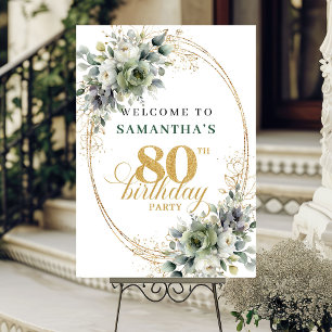 Modern 80th Watercolor Eucalyptus Welcome Sign