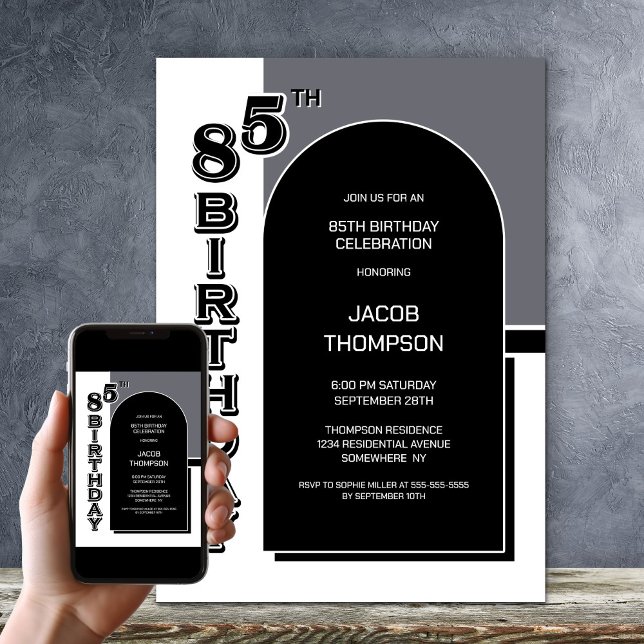 Modern 85th Birthday Black Arch Party Invitation (Creator Uploaded)