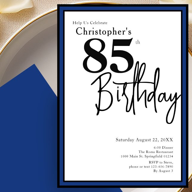 Modern 85th Birthday Invitation Elegant Black Blue (Creator Uploaded)