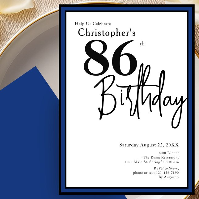 Modern 86th Birthday Invitation Elegant Black Blue (Creator Uploaded)
