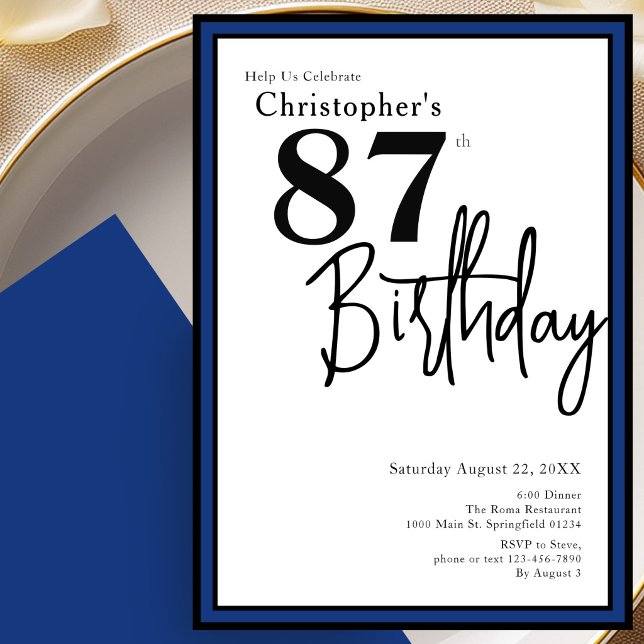 Modern 87th Birthday Invitation Elegant Black Blue (Creator Uploaded)