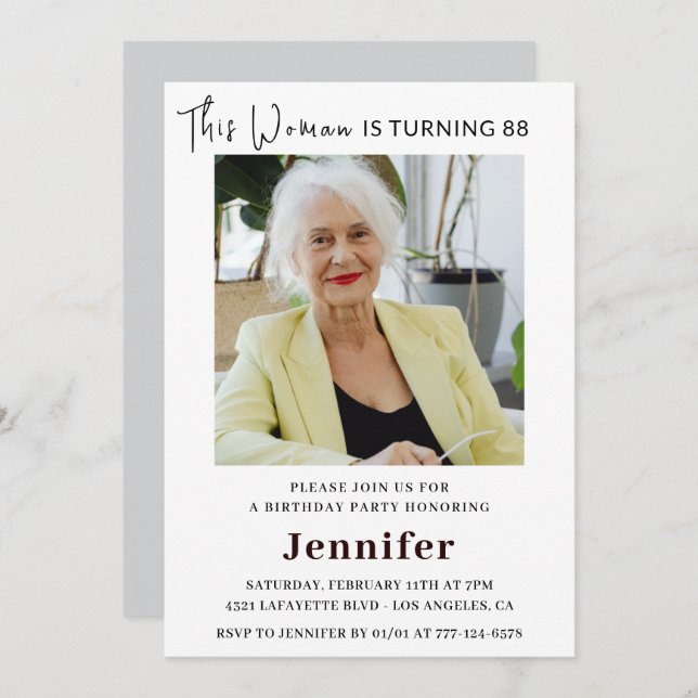 Modern 88th birthday invitations for her Photo (Front/Back)