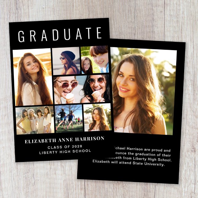 Modern 8 Photo Black Graduation Announcement (Creator Uploaded)