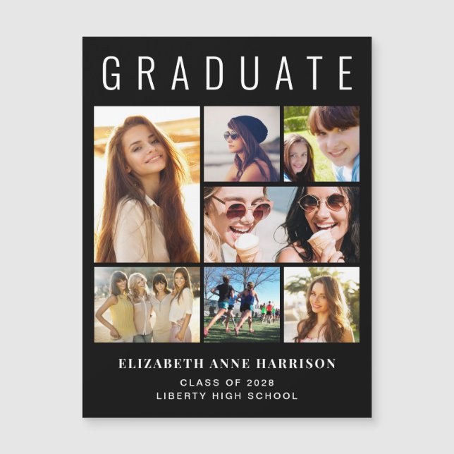 Modern 8 Photo Black Graduation Announcement (Front)