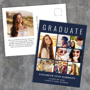 Modern 8 Photo Blue Graduation Announcement Postcard