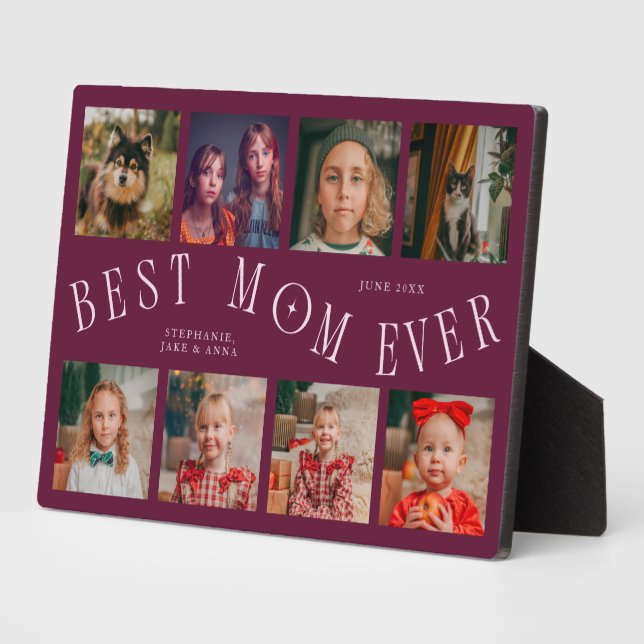 Modern 8 Photo Collage Best Mom Ever Cranberry Plaque (Side)