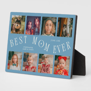 Modern 8 Photo Collage Best Mom Ever Denim Blue Plaque