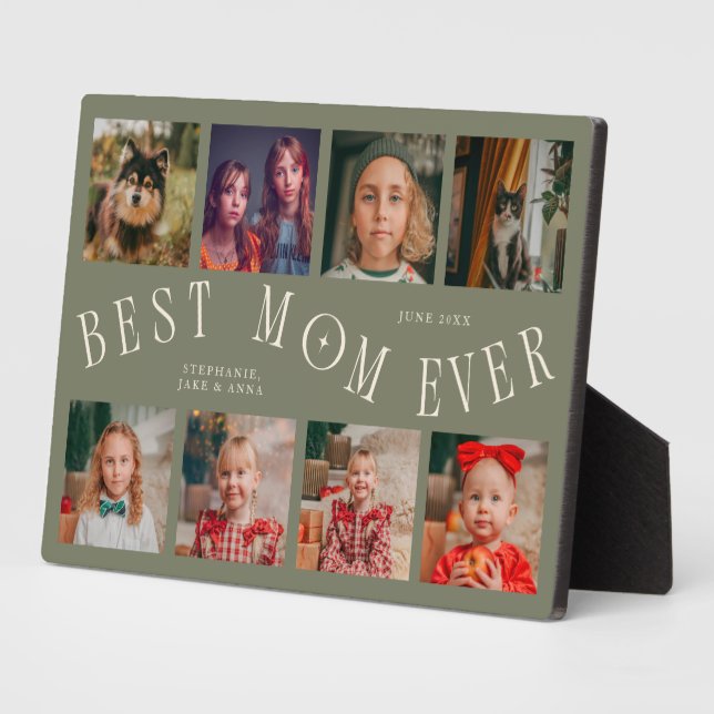 Modern 8 Photo Collage Best Mom Ever Sage Green Plaque (Side)
