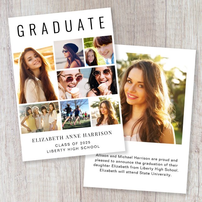 Modern 8 Photo Collage Graduation Announcement (A modern photo collage graduation announcement to celebrate the graduate's achievements)